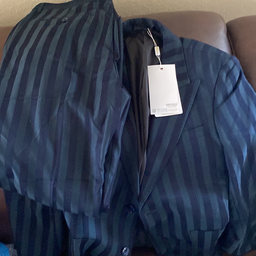 Mens 2 Piece Suit Slim Fit Stripe Tuxedo Blazer Pants Set - Picture 7 of 7